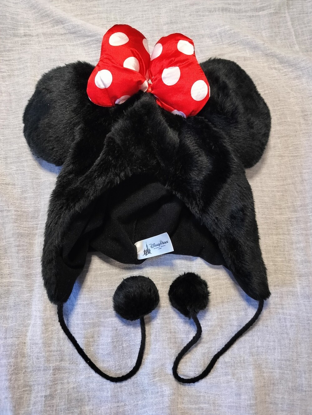Official Disney Parks Black Faux Minnie Mouse Fur Ear Hat w Red Polka Dot Bow